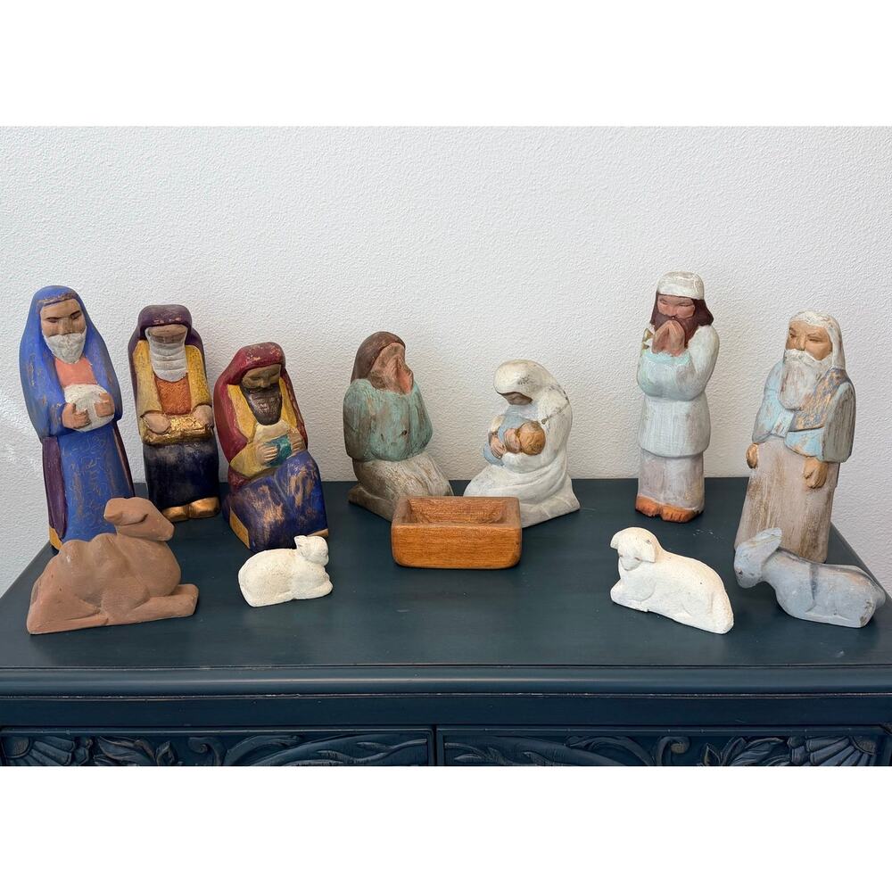 Vintage Artist Hand Carved Painted Wood Nativity Set Collectible Jesus Christmas